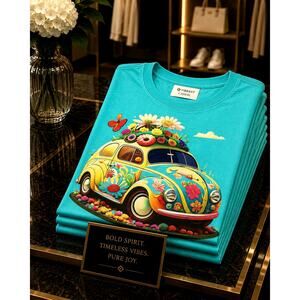 Vibrant Casual Crew Neck Short Sleeve 70s Bug & Flowers T Shirt 12